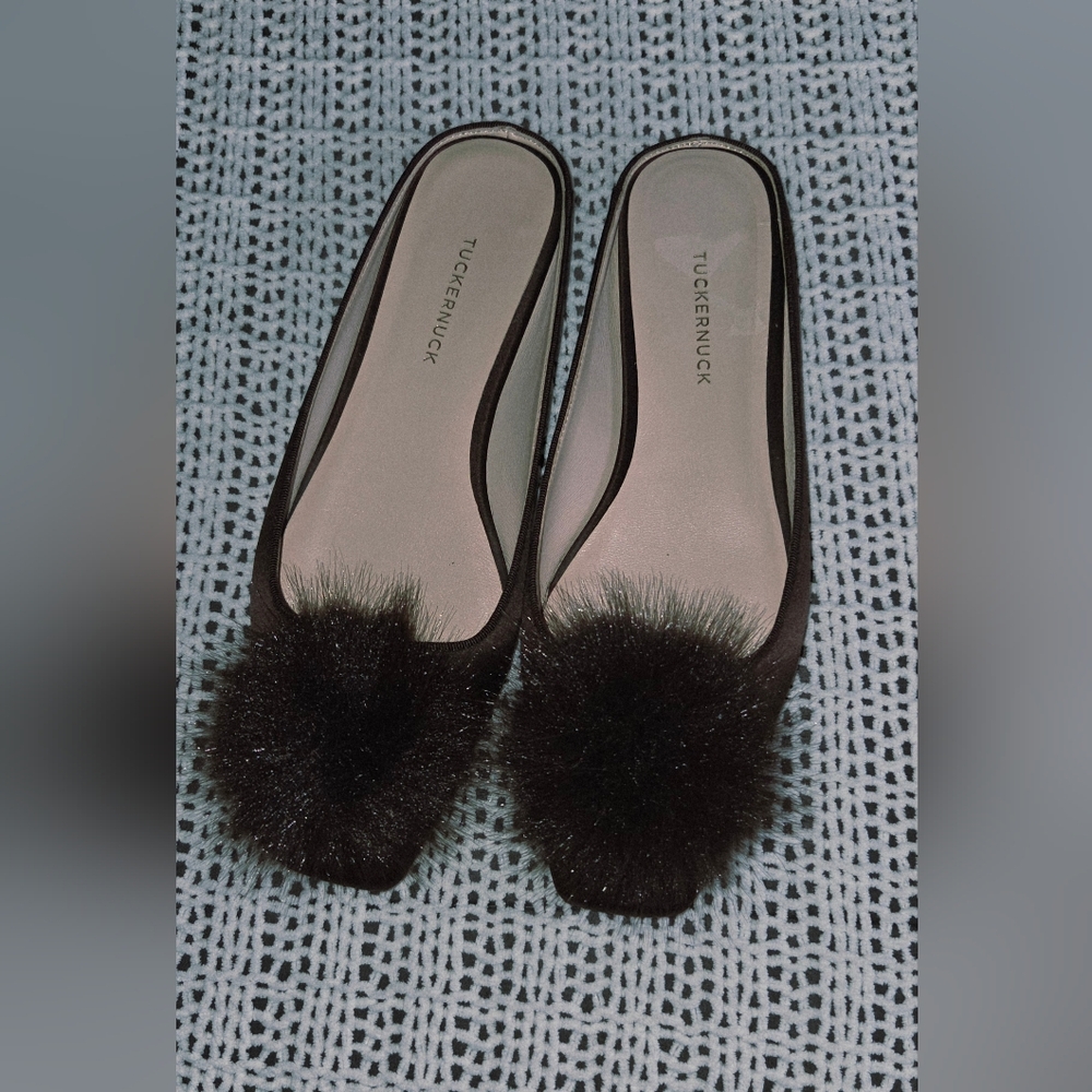 TUCKERNUCK Chocolate Satin Nilli Flats with Pom Pom Size 7 - Picture 3 of 11